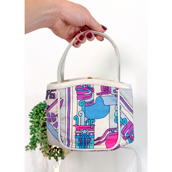 Emilio Pucci by Jana 60s RARE Abstract Silk and Leather Top Handle Purse Vintage - Picture 1 of 16